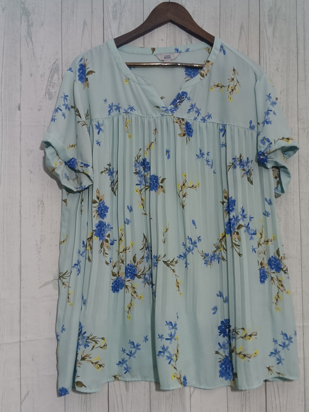 Croft & Barrow Light Mint Floral Pleated Blouse with Blue Blooms Sz 1X
